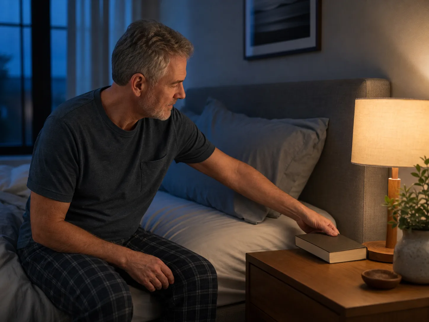 A man putting away a book as part of his evening routine